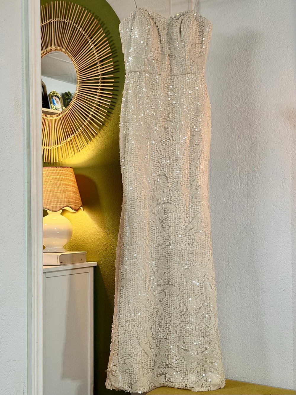 Strapless sequin cream evening gown, elegant formal dress